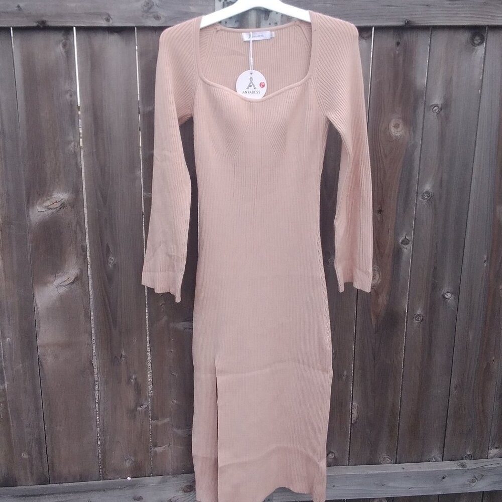 Midi dress knit bodycon long sleeve tan neutral women's large NWT
